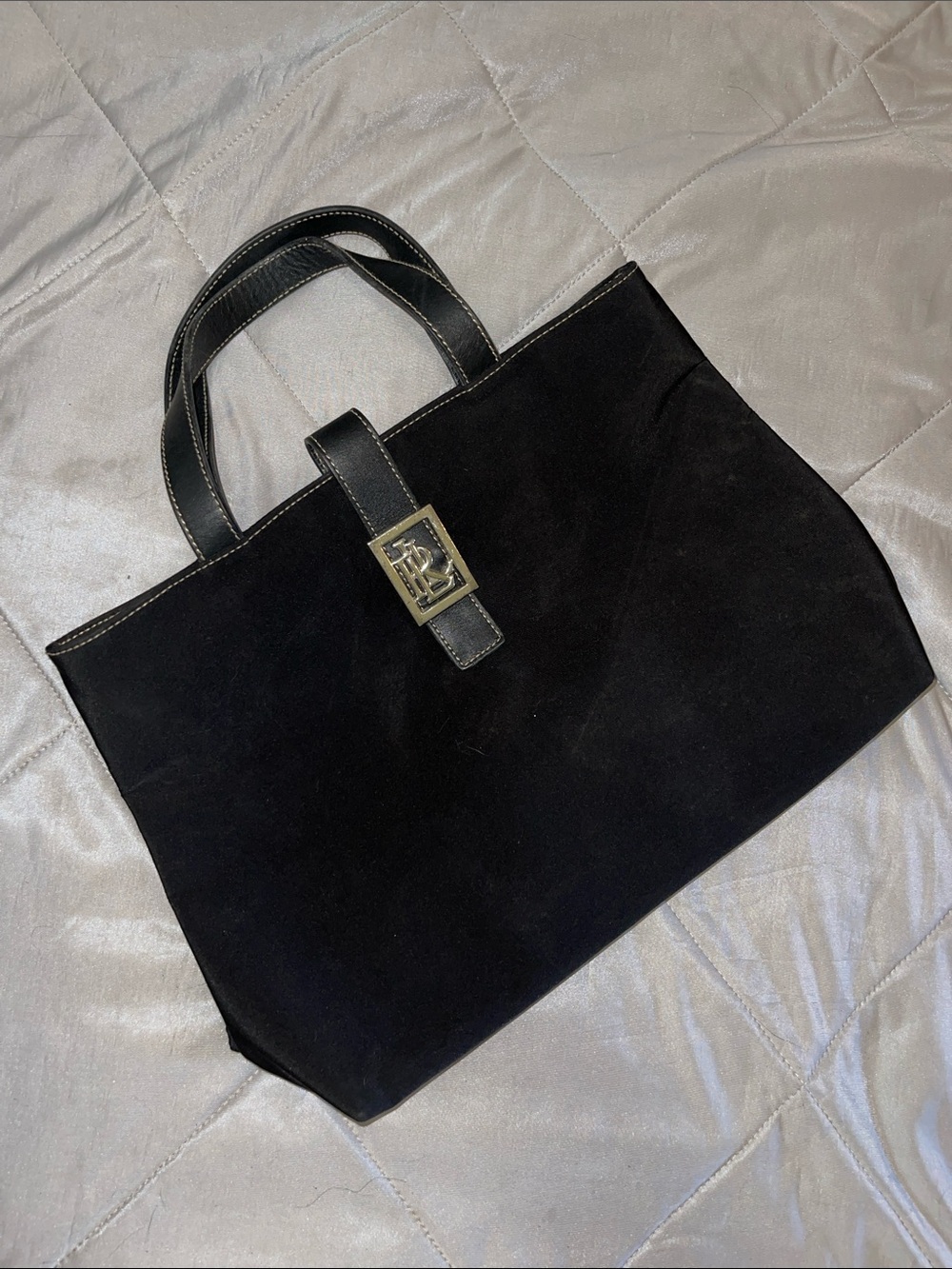 Lauren Black canvas & Leather Tote — Metallic Buckle — Classic Everyday Bag